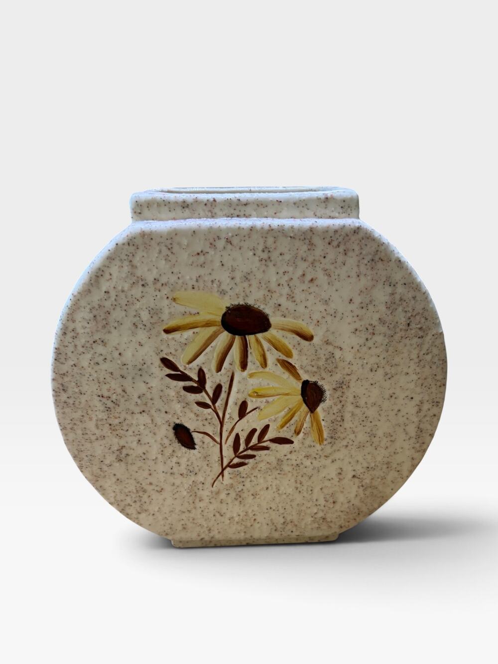 Vtg  LYNDA Signed Speckled Stoneware Round Ceramic Flower Vase Yellow Daisies 6"